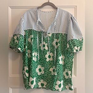 Striped Blue and Green‎ Floral Blouse